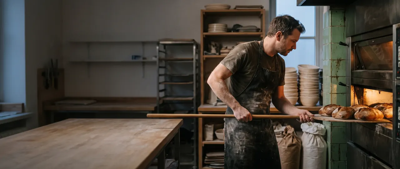 A baker pulls a peel of fresh loaves from the oven early in the morning.