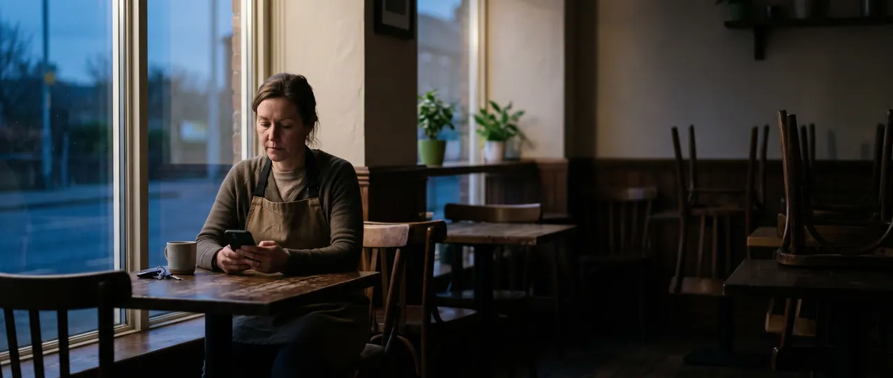 A café owner sits alone at a window table after closing, checking her phone, with chairs stacked on the tables behind her.