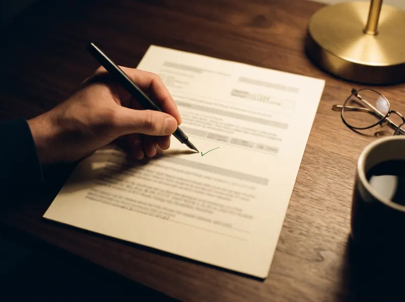 A pen marks a green tick beside a line on a printed bank statement under a desk lamp.